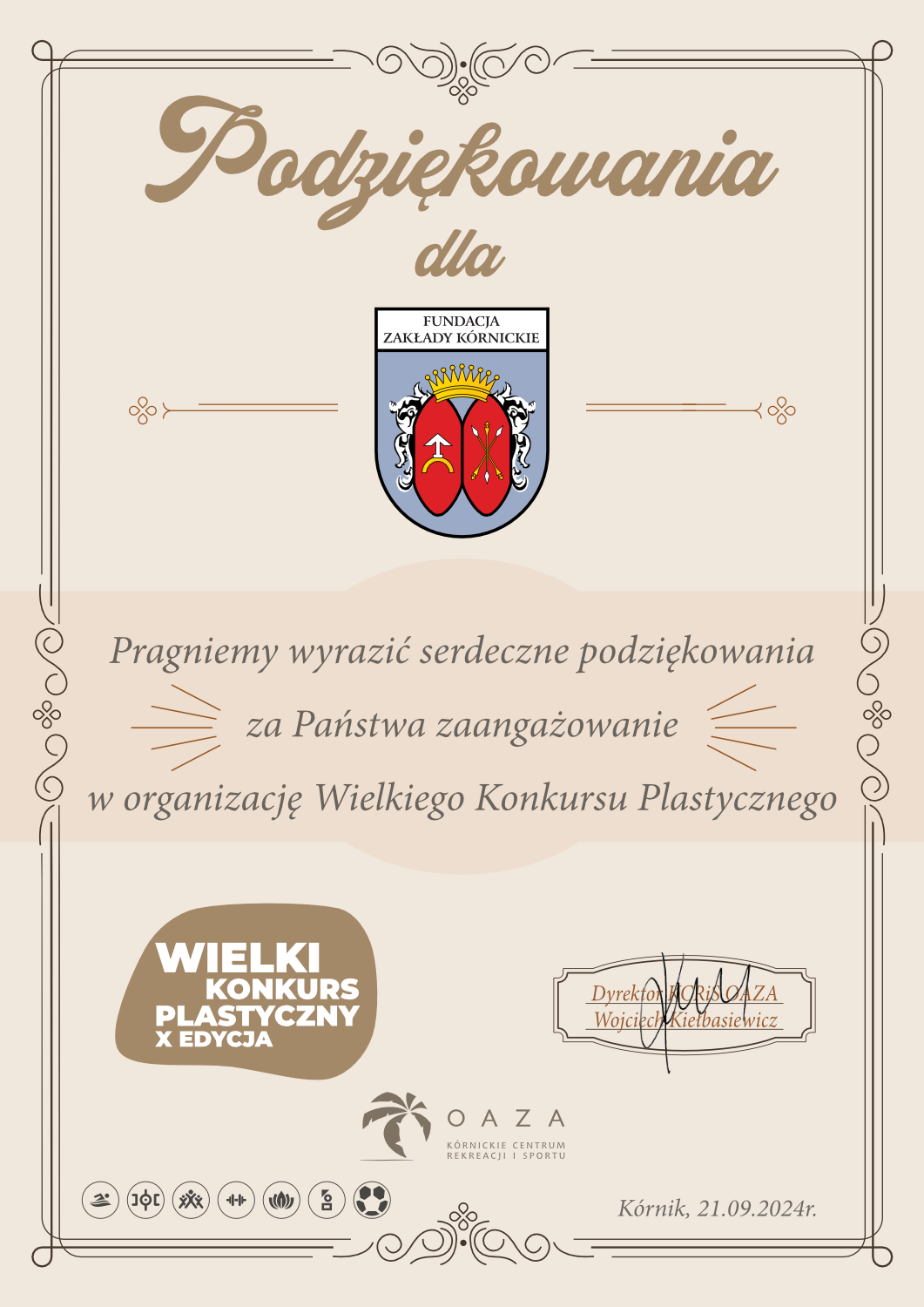 Podziękowanie dla Fundacji Zakłady Kórnickie